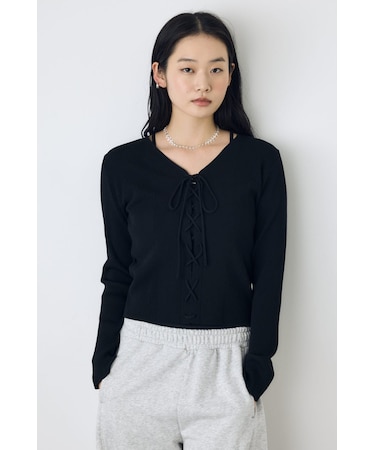 フェイクレイヤードレースアップニット