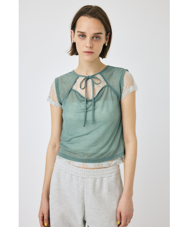 LACE LAYERED OPEN NECK トップス