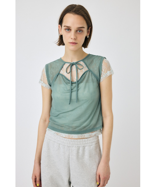 LACE LAYERED OPEN NECK トップス