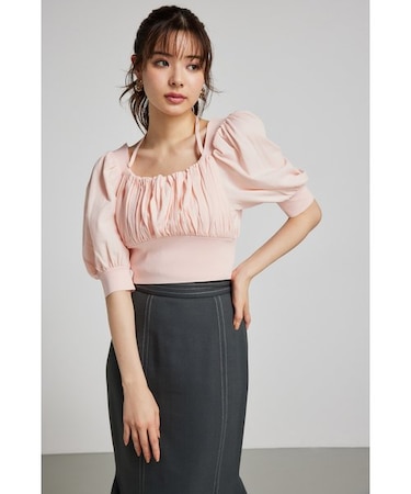 バストギャザークロップハーフSLV Knit TOP