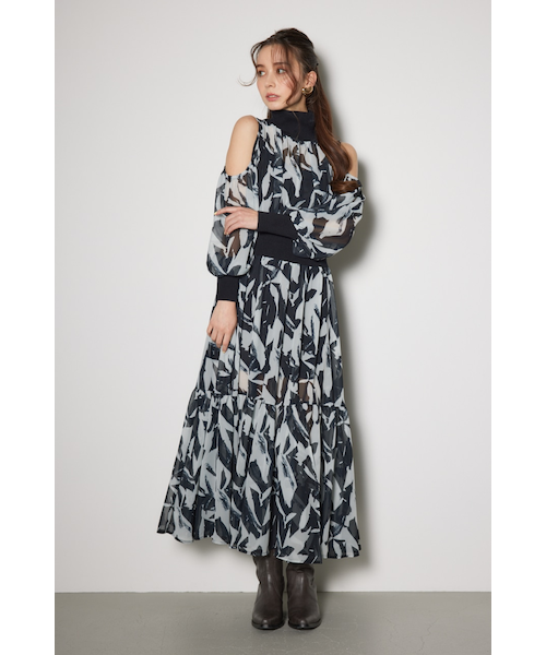 リエンダ　rienda knitコンビスリットフレアワンピース　ベージュ　M rienda | knitコンビスリットフレアワンピース (ワンピース