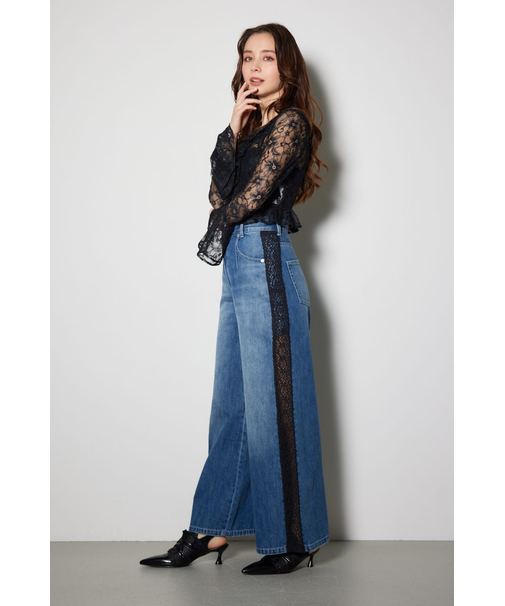 サイドレースジャストウエストデニムワイドパンツ