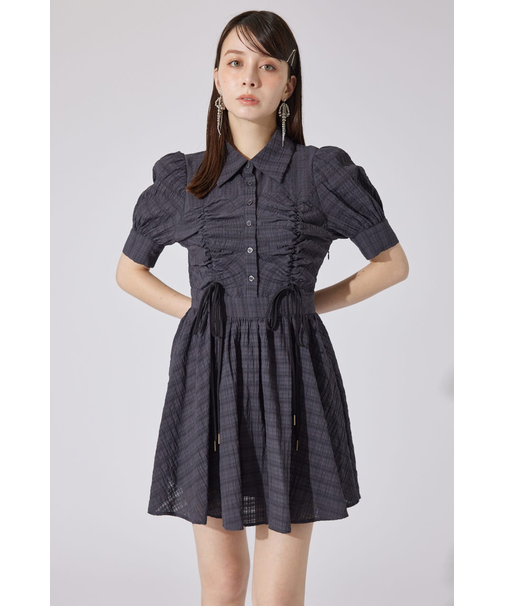 フロントシャーリングリボンミニハーフシャツフレアワンピース