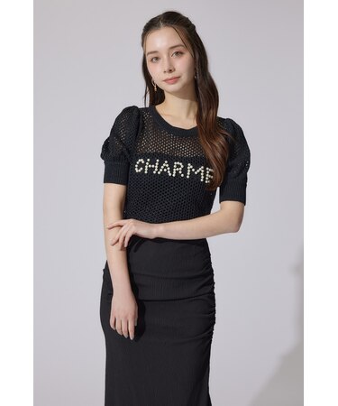 メッシュロゴショートニットトップス