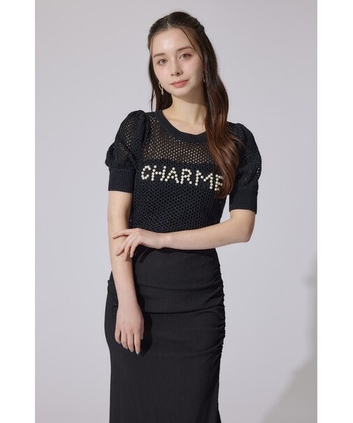 メッシュロゴショートニットトップス