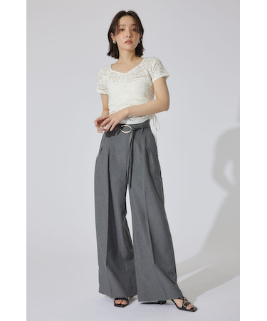 リネンライクワイドタックベルト付きパンツ