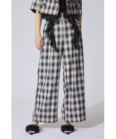 チェックワイドタックベルト付きジャストウエストパンツ