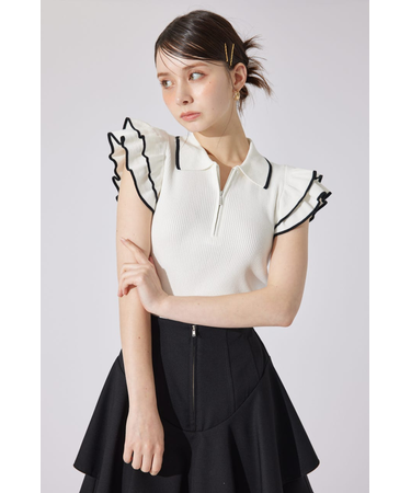 ハーフジップフリルショルダーニットトップス