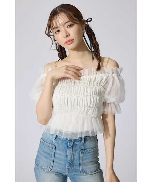 【AKB48 水島美結さん着用】シアーオフショルショートスリーブブラウス