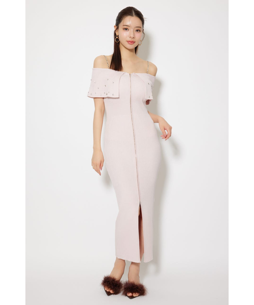 2WAYオフショルビジューカラーハーフスリーブニットワンピース