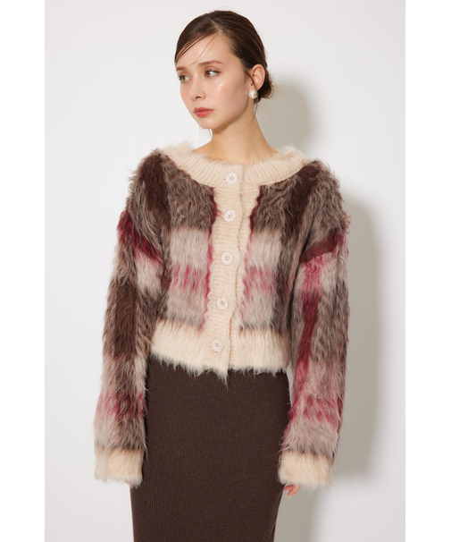 2WAYロングシャギーチェックショートニットカーディガン