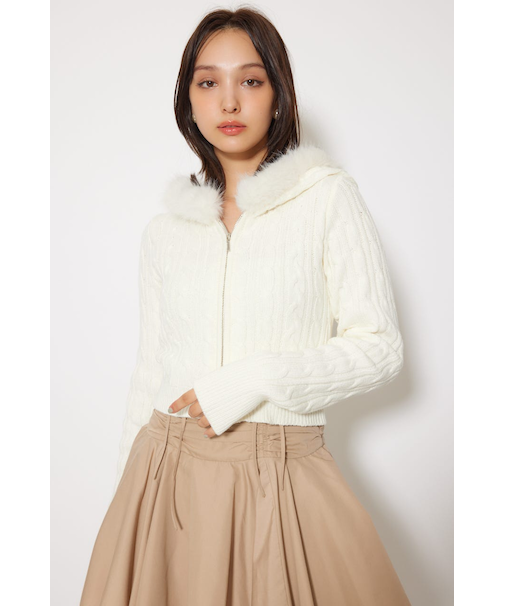 フードフェイクファーケーブルニットカーディガン