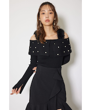 ショルダーフェイクファービジューニットトップス