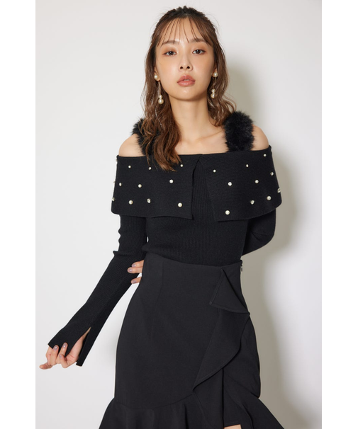 ショルダーフェイクファービジューニットトップス