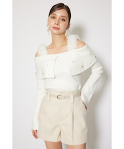 ショルダーフェイクファービジューニットトップス