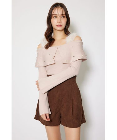 ショルダーフェイクファービジューニットトップス