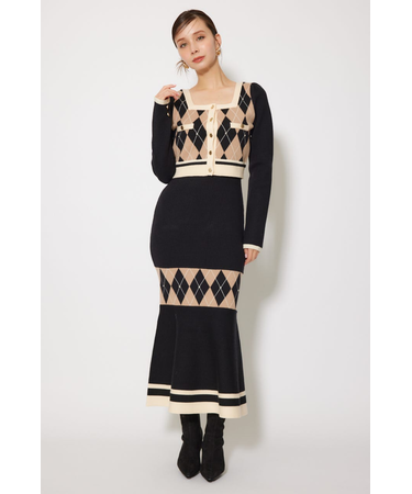 アーガイルバイカラーカーディガンセットニットワンピース