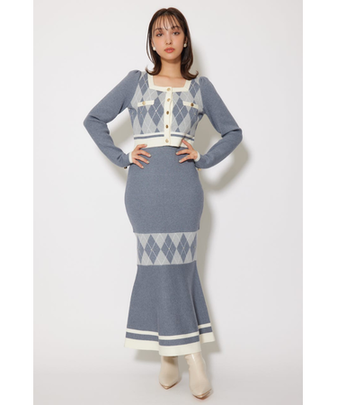 アーガイルバイカラーカーディガンセットニットワンピース