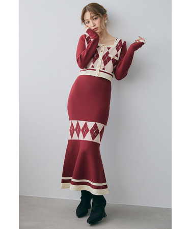 アーガイルバイカラーカーディガンセットニットワンピース