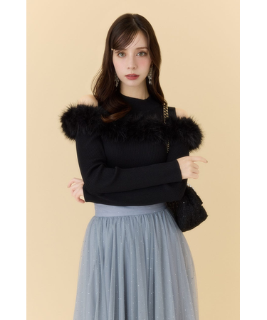 ショルダーオープンフェイクファーニットトップス