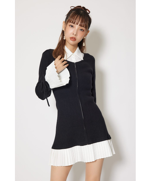 レイヤードパターンシャツニットミニワンピース