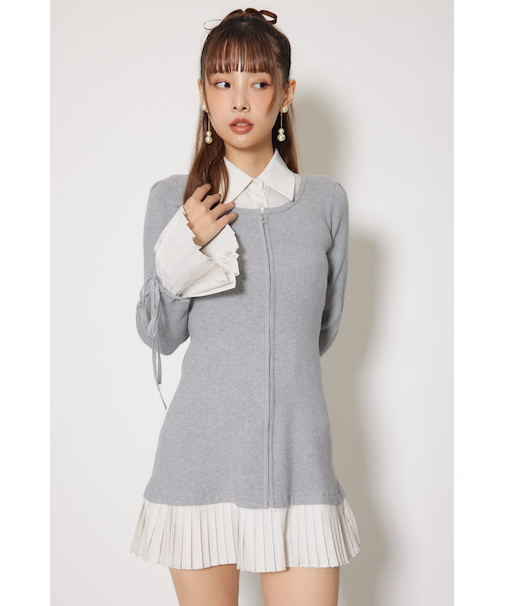 レイヤードパターンシャツニットミニワンピース