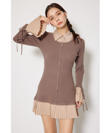 レイヤードパターンシャツニットミニワンピース