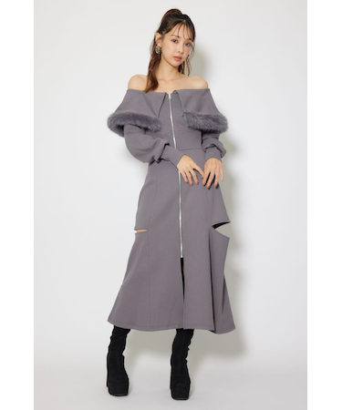 フェイクファー付きカッティング裏起毛ワンピース