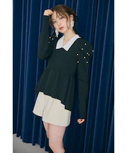 パール付きペプラムニットトップス