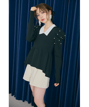 パール付きペプラムニットトップス