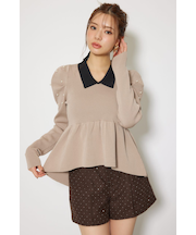 パール付きペプラムニットトップス