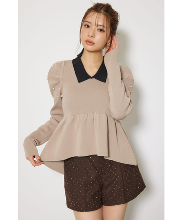 パール付きペプラムニットトップス