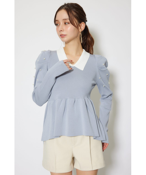 パール付きペプラムニットトップス