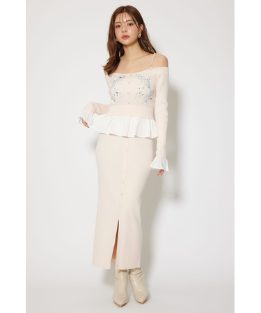 2WAYビジューフラワーオフショルタイトニットワンピース