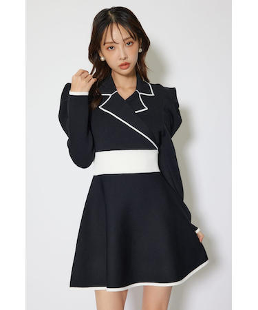 テーラードカラーミニフレアニットワンピース