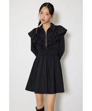 フロントZIPフリルミニシャツワンピース