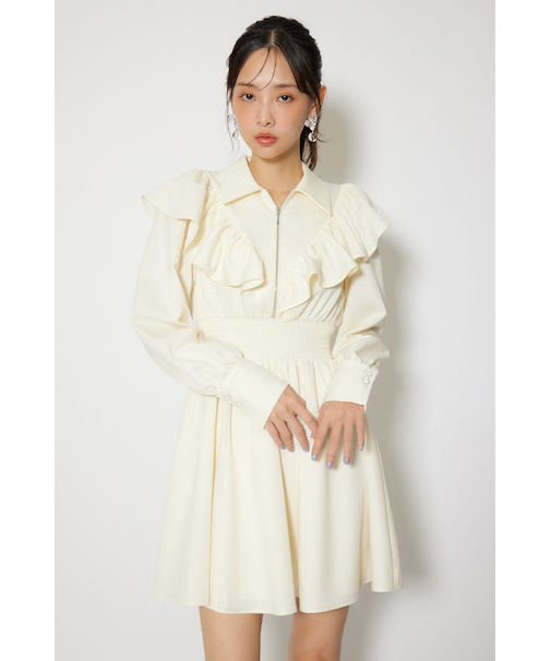 フロントZIPフリルミニシャツワンピース
