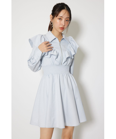 フロントZIPフリルミニシャツワンピース