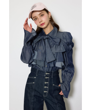 BIGリボンダンガリーパターンブラウス