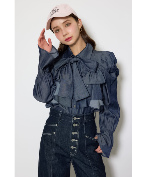 BIGリボンダンガリーパターンブラウス