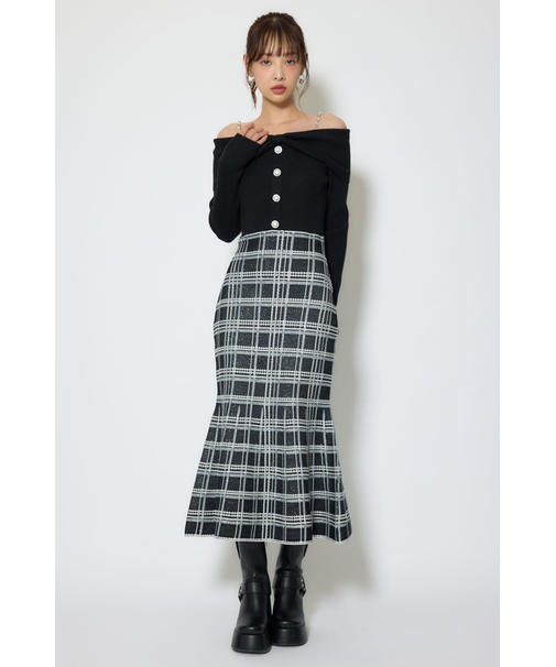 リボンデザインツイードニットワンピース