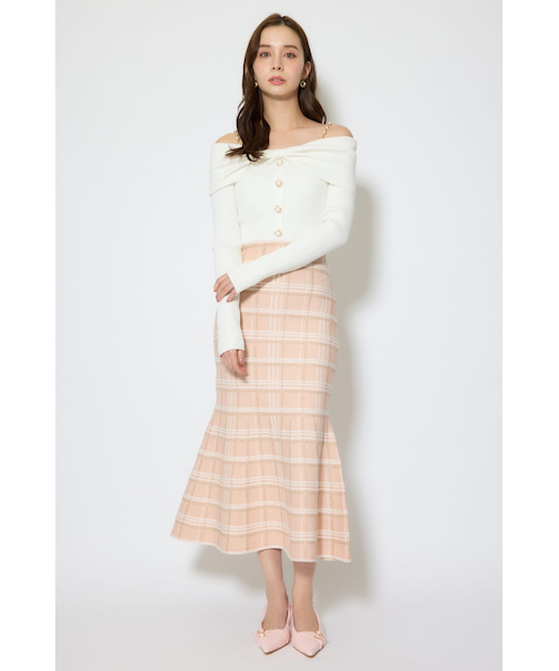 リボンデザインツイードニットワンピース