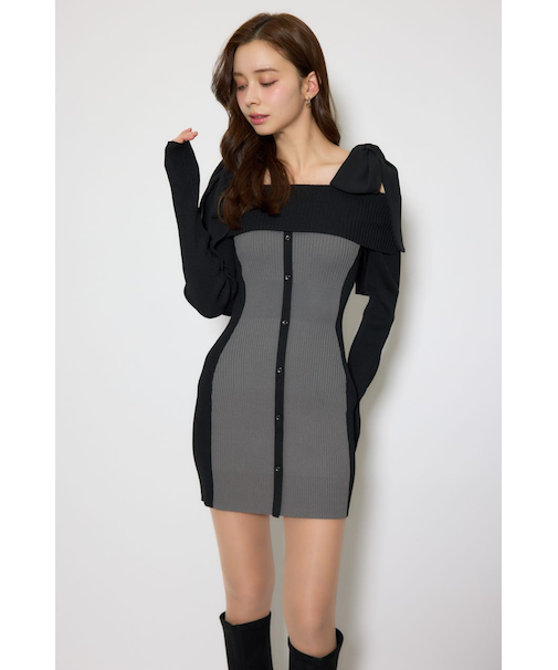 バイカラーオフショルリボンニットミニワンピース