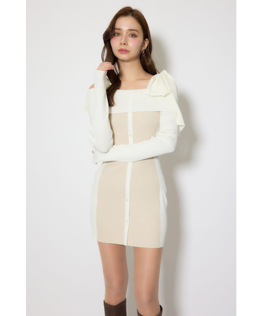 バイカラーオフショルリボンニットミニワンピース