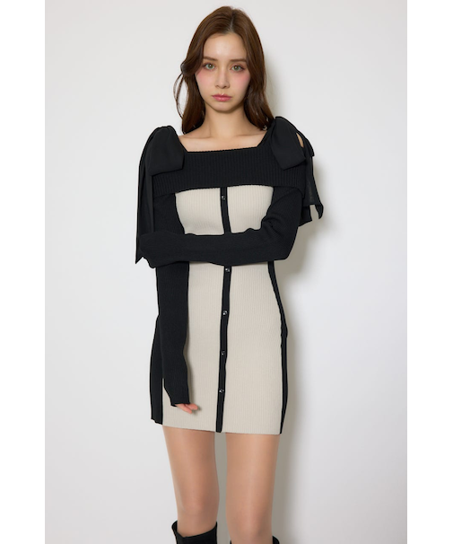 バイカラーオフショルリボンニットミニワンピース