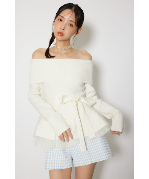 チュールレイヤードペプラムニットトップス