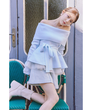 チュールレイヤードペプラムニットトップス