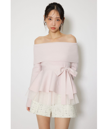 チュールレイヤードペプラムニットトップス