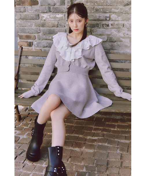 フリルカラーニットカーディガンセットワンピース