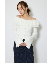 プリーツレースオフショルニットトップス